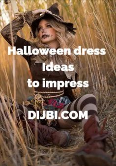 a woman dressed as a witch sitting in tall grass with the words halloween dress ideas to impress