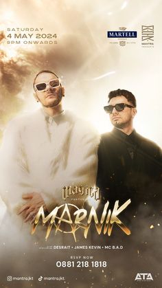 two men standing next to each other in front of a poster for marnikk