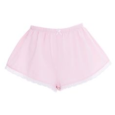 Sleep like a kitten in our lil shorties, with a comfy flared fit. Made in plushy thick cotton spandex in baby pink and trimmed with cotton eyelet lace. Elastic inside the gathered waistband, and a rosette at center front. Tiny embroidered paw prints at side bottom. Pink Cute Summer Pajama Shorts, Cute Pink Cotton Pajama Shorts, Cute Pink Clothes, Coquette Shorts Png, Pink Cotton Kawaii Sets, Cute Comfy Clothes, Pink Sleep Shorts, Kawaii Shorts, Eyelet Lace