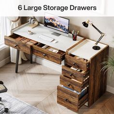 a desk with drawers and a computer on it