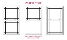 three different types of windows with the words prairie style on each window and bottom section