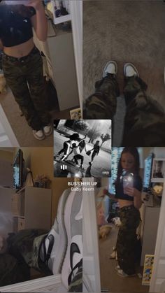 a collage of photos showing someone taking pictures with their cell phone and wearing camo pants