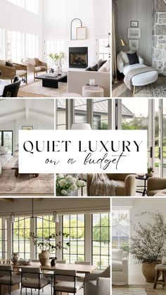 a collage of photos with the words quiet luxury on it's side and pictures of living room furniture