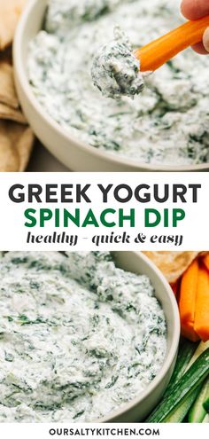 greek yogurt spinach dip in a bowl with carrots and celery