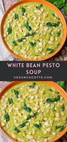 two bowls filled with white bean pesto soup