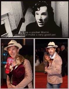 two pictures of the same man and woman in cowboy hats, one with a cat on his shoulder