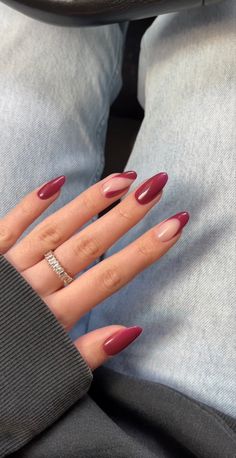 Fall Nails On Real Nails, Short Almond Shaped Nails Designs Fall, Deep Red French Tip Nails Almond, Short Red Almond Nails Designs, Burgundy Nails With Accent Nail, Dip Nails February, Single Color Nail Designs, Marron Nails Designs, Almond Nail Styles