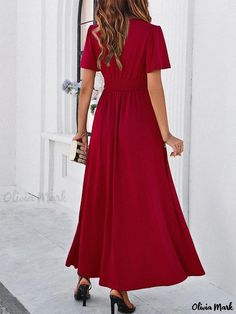 Olivia Mark - Flattering Short Sleeve Maxi Dress for a Social Gathering Short Sleeve Maxi Dresses, Weave Style, Flounce Sleeve, Everyday Dresses, Maxi Dress With Sleeves, Dress Cuts, Sleeves Pattern, Waist Dress, Fashion Colours