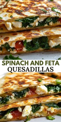 spinach and feta quesadillas are stacked on top of each other