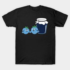 two blue birds are standing next to a jar