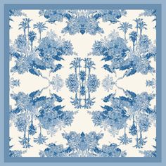 a blue and white wallpaper with palm trees on the bottom right corner, in an ornate pattern