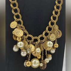 Dripping Collection Of Vintage Pearls, Coins And Charms Statement, Collar, Bib, Choker Style, Chunky Chain Excellent Vintage Condition Statement Collar, Chunky Necklaces, Statement Collar Necklace, Vintage Style Jewellery, Gold Cream, Choker Style, Vintage Pearls, Chunky Necklace, Cream And Gold