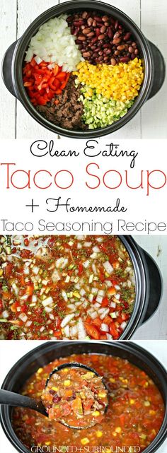 two pictures showing the steps to make taco soup with beans, tomatoes and other ingredients