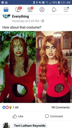 two different pictures of women with makeup on their faces and one is wearing a red shirt