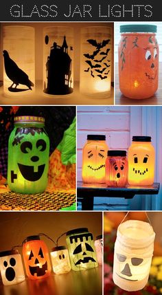 halloween mason jar lanterns with faces on them