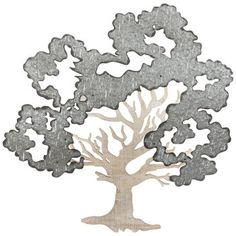 a metal tree with many branches and leaves on it's sides, sitting in front of a white background