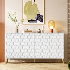 PRICES MAY VARY. 【MODERN STYLE & POP-UP DESIGN】 The sideboard features a classic white finish,stylish honeycomb pattern door design paired with luxurious metal legs, showing a modern yet timeless charm that will catch your eye and add to your home life Adds charm to the space. The doors of this modern buffet cabinet feature a pop-up design,Each door is equipped with a pop-up device to provide you with great convenience. With just one click, the door pops up automatically. 【AMPLE STORAGE SPACE】 4-door design, providing you with large storage space. The two partitions inside the cabinet are adjustable and can be adjusted freely according to your needs.Whether it's large cooking utensils, small tableware, books, spice bottles, ingredients, or wine bottles, you can find a suitable place. At th Doors For Kitchen, Modern Buffet Cabinet, Coffee Bar Cabinet, Living Room Entry, Shelves Modern, White Storage Cabinets, Entryway Cabinet, Modern Buffet, Kitchen Buffet