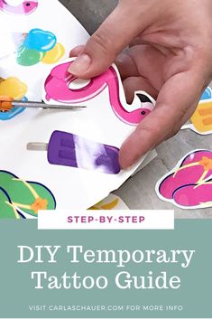 a person cutting out temporary tattoos with scissors on top of it and the words diy temporary