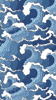 an abstract blue and white pattern with wavy waves in the sky, as well as clouds