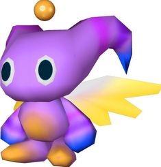 a purple and yellow toy with big eyes