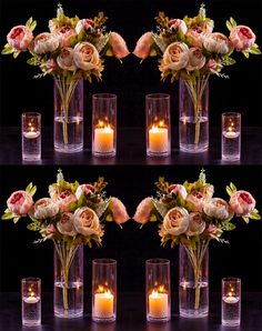 multiple shots of flowers and candles in glass vases on a black background with three separate images