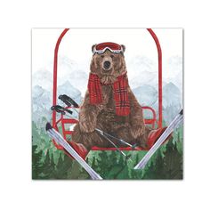 a brown bear sitting on top of a ski lift with skis and snowboards