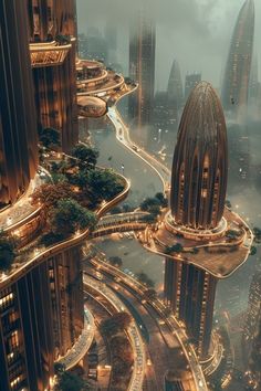 an aerial view of a futuristic city at night