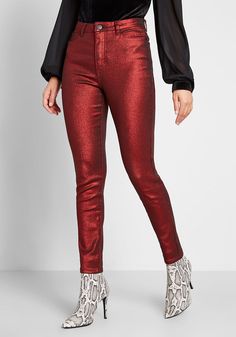 The Hollywood Metallic Denim Pants | ModCloth Vintage Style Swimwear, Metallic Denim, Retro Inspired Fashion, Chunky Sweaters, Casual Dresses Plus Size, Red Denim, Midi Dress Plus Size, Happy 30th, Tunic Hoodie