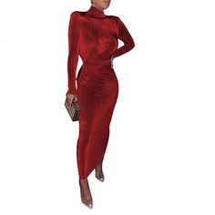 Red Body Curving Maxi Dress. Red Long Sleeve Bodycon Evening Dress, Winter Cocktail Maxi Dress, Red Winter Party Bodycon Dress, Winter Party Red Bodycon Dress, High Neck Dress For Fall Cocktail, Chic Maxi Dress For Date Night And Holiday, Chic Holiday Maxi Dress For Date Night, Red High Neck Mini Dress For Night Out, Red Holiday Bodycon Dress For Evening