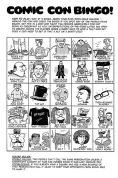 the comic con bingo game is shown in black and white