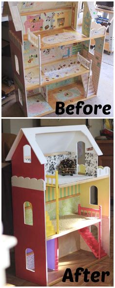 the before and after photos show how to make a doll house