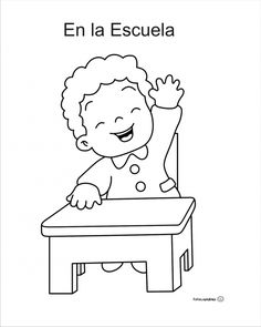 a black and white drawing of a boy sitting at a table with his arms in the air