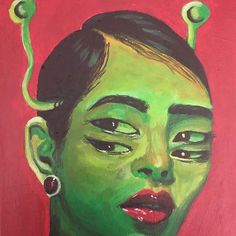 a painting of a woman's face with green hair and piercings on her ears