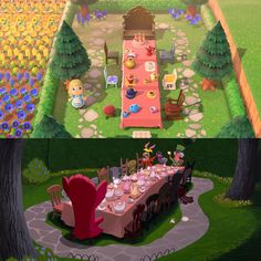 an animal crossing game is being played on the nintendo wii, and it looks like they are having a picnic