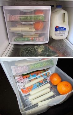 two pictures side by side with food in the refrigerator