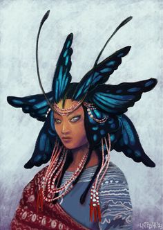 a painting of a woman with butterfly wings on her head