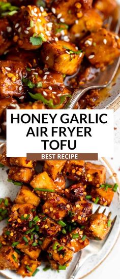 honey garlic air fryer tofu on a white plate with the title above it