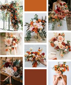 a collage of orange and red flowers with greenery on them, including roses