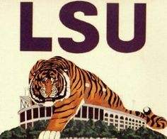 a poster with a tiger on it's back and the word lsu in large letters