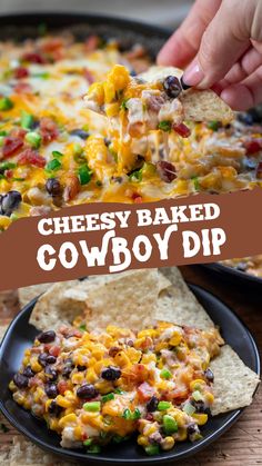 A hand is dipping a chip into a skillet of cheesy baked cowboy dip. Baked Cowboy Dip, Cowboy Dip, Warm Dip Recipes, Chip Dip Recipes, Vegetable Sticks, Delicious Dips Recipes, Cheesy Dip, Dip Recipes Easy, Football Food