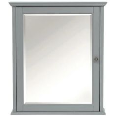 a gray medicine cabinet with a mirror on the top and bottom shelf, in front of a white background