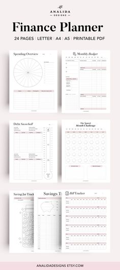 the printable planner for finance planners is shown in three different colors and sizes, including pink