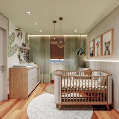 a baby's room is decorated in green and white