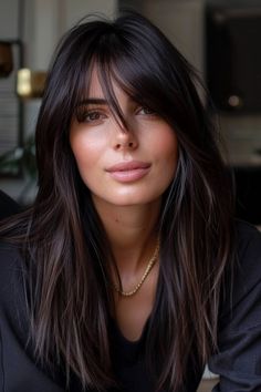 45 Stunning Examples of Long Hair With Bangs - Flo's Blog Bangs With Long Hair Highlights, French Bangs Black Hair, Side Part Fringe Long Hair, Bangs With Long Nose, Long Dark Hair With Extensions, Curtain Bangs Long Hair Dark Brown, 2024 Haircut Long, Dark Brown Hair With Curtain Bangs And Layers, Mandy Moore Hair Bangs