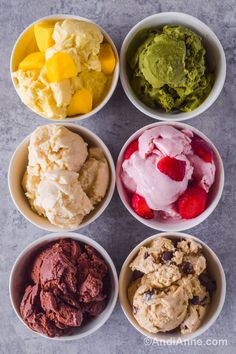 six bowls filled with different types of ice cream