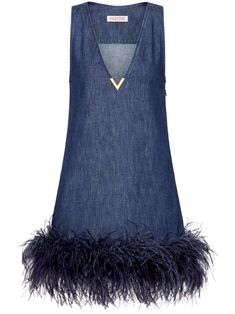 Valentino Ready To Wear indigo blue cotton denim signature V gold-tone logo plaque plunging V-neck sleeveless feather-trim hem thigh-length Valentino Ready To Wear, Feather Embroidery, Luxurious Dresses, Denim Short Dresses, Chambray Shorts, Sophisticated Dress, Denim Mini Dress, Denim Short, Denim Mini