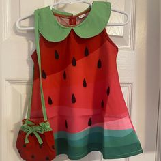 Adorable Sleeveless Watermelon Dress With Green Collar Comes With Small Matching Watermelon Purse Lightweight Material - Perfect For Summer Size 6-9 Months Smoke Free Home Summer Watermelon Cotton Tops, Watermelon Fashion, Watermelon Swimsuit, Watermelon Purse, Red Velvet Jacket, Vintage Christmas Dress, Multicolor Sleeveless Sundress For Babies, Watermelon Dress, Kawaii Fairy