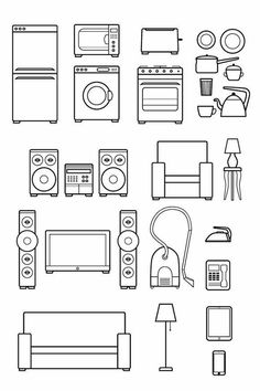 various types of appliances are shown in this black and white image, with one line drawing