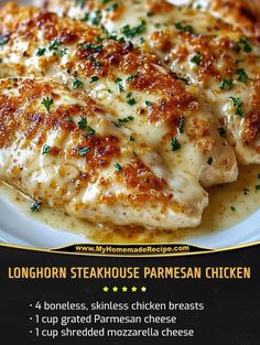 the menu for longhorn steakhouse parmesan chicken