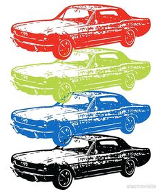 four different colored muscle cars in a row